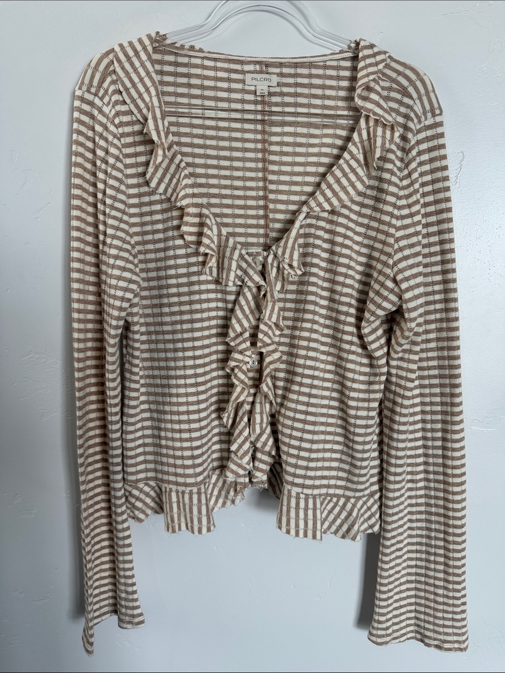 Anthropologie | Pilcro Beige and Cream Striped Ruffle V-Neck Sweater